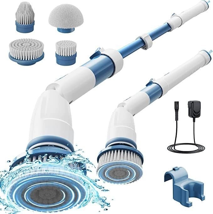 Movable Electric Spin Scrubber with Adjustable Extension Arm | 3 Replaceable Brush Heads | Cordless Multi-Surface Floor & Bathroom Cleaner