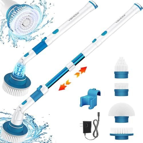 Movable Electric Spin Scrubber with Adjustable Extension Arm | 3 Replaceable Brush Heads | Cordless Multi-Surface Floor & Bathroom Cleaner